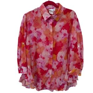 Finley 1X Cotton Floral Ruffle Hi-Low Blouse Made in USA Watercolor Sunset Print